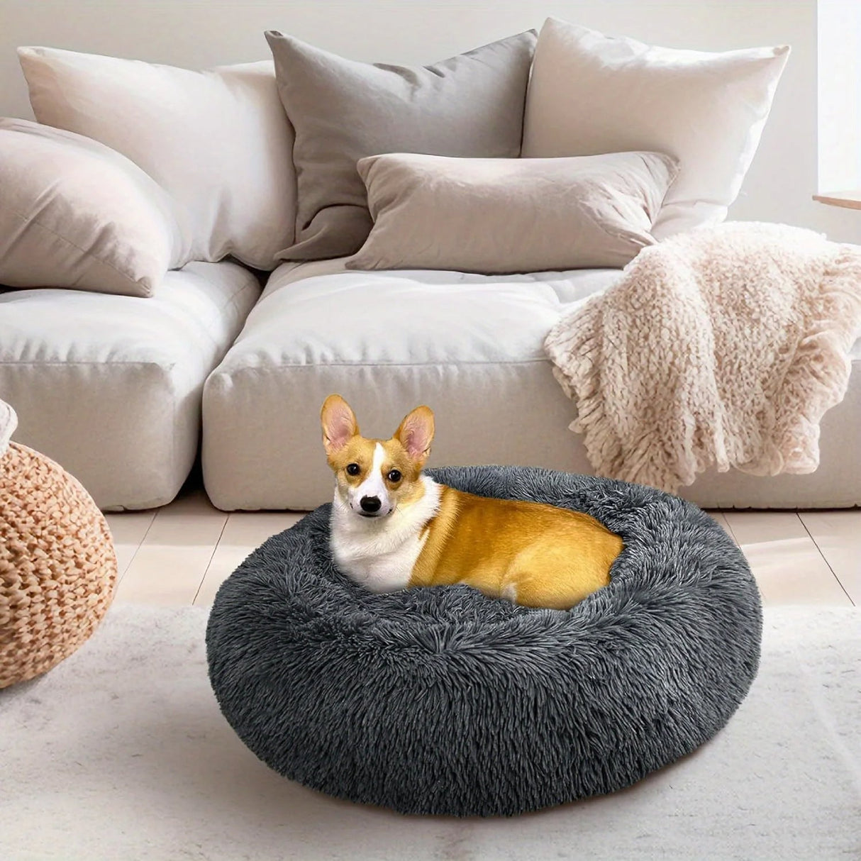 XL-70cm light-grey PawfectFriend Dog Pet Cat Calming Bed Plush Beds Large Fluffy Donut Comfy Cushion Puppy Mat