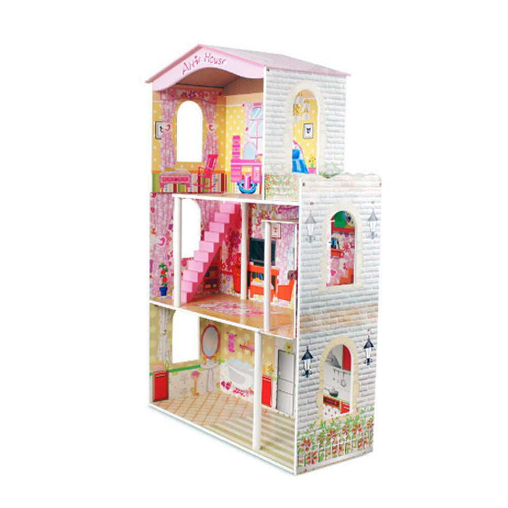 Large Wooden Dolls Doll House 3 Level Kids Pretend Play Toys Full Furniture