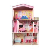 Large Wooden Dolls Doll House 3 Level Kids Pretend Play Toys Full Furniture