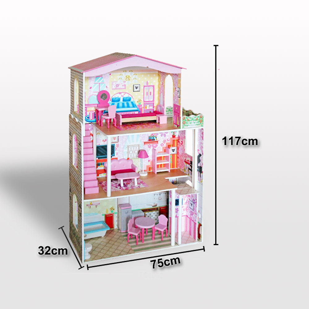 Large Wooden Dolls Doll House 3 Level Kids Pretend Play Toys Full Furniture