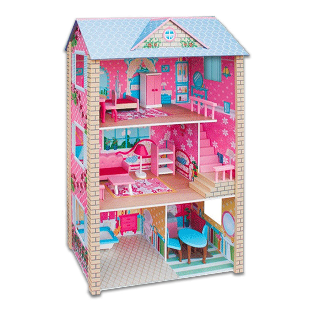 Large Wooden Dolls Doll House 3 Level Kids Pretend Play Toys Full Furniture