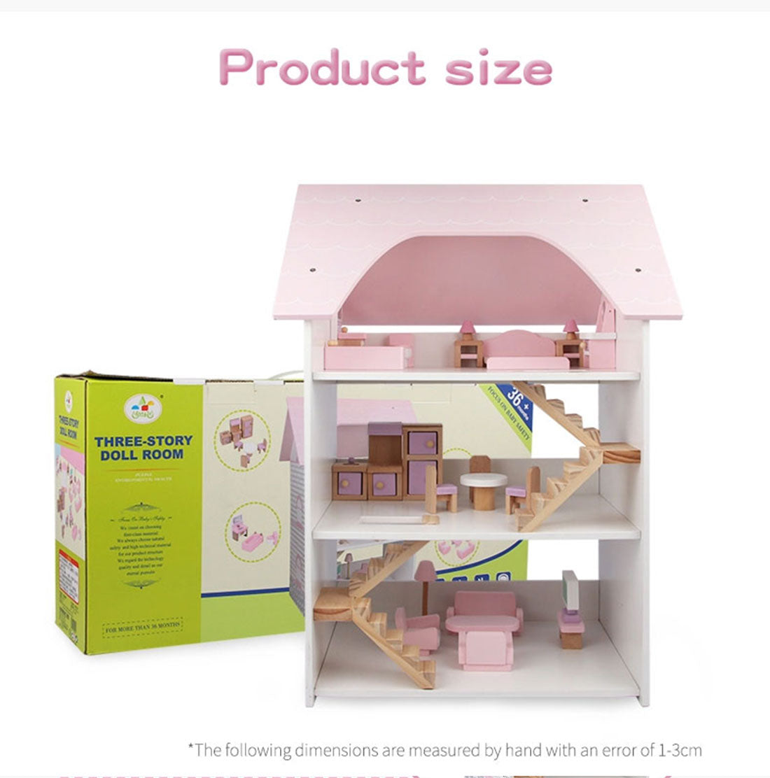 Wooden DIY Dolls Doll House 3 Level Kids Pretend Play Toys Full Furniture Set Pink