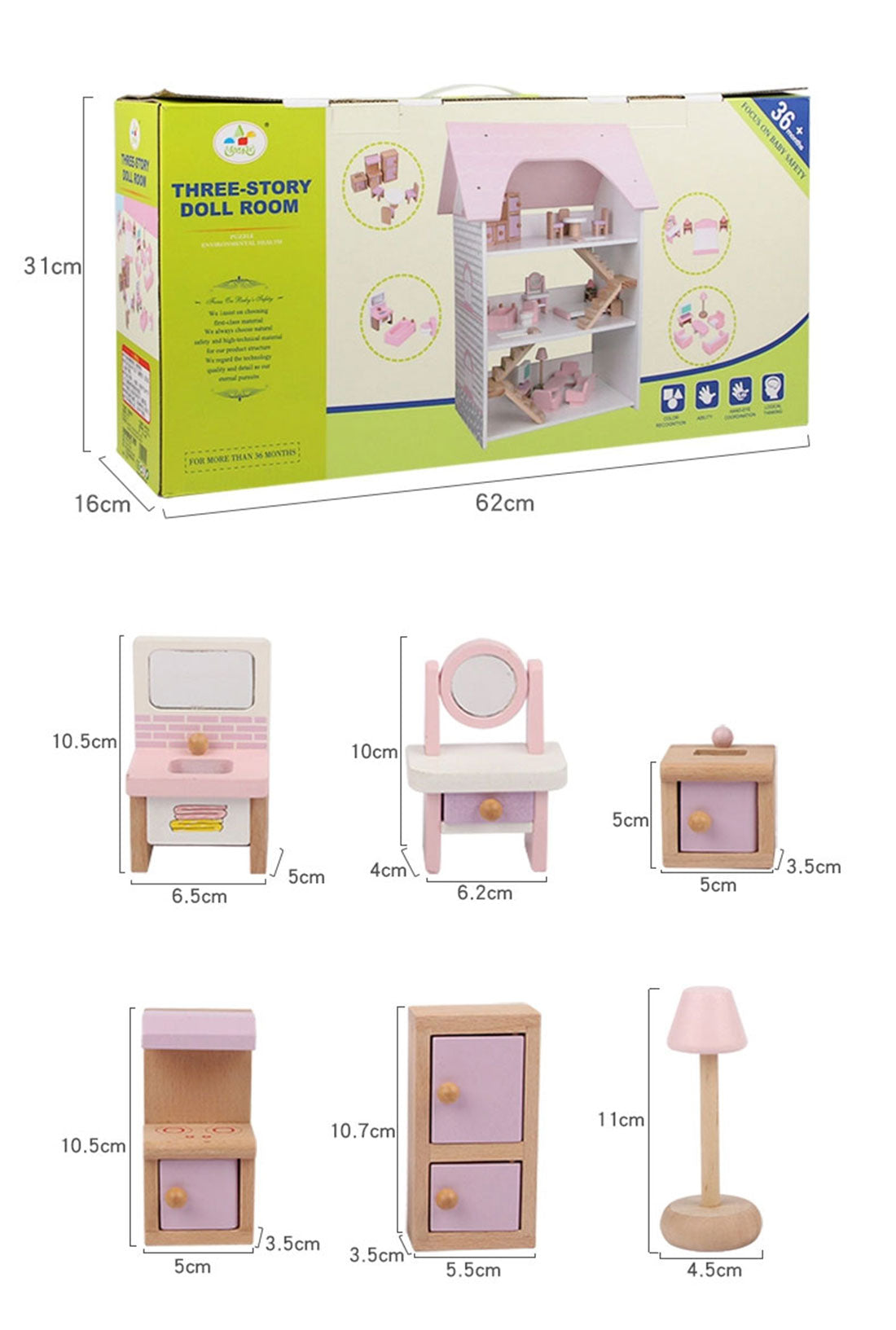 Wooden DIY Dolls Doll House 3 Level Kids Pretend Play Toys Full Furniture Set Pink