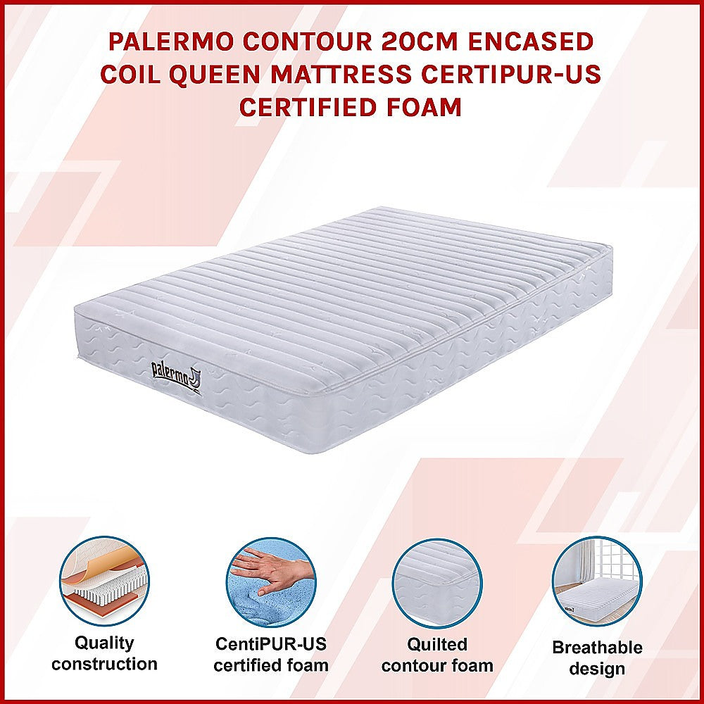 Palermo Contour 20cm Encased Coil Queen Mattress CertiPUR-US Certified Foam