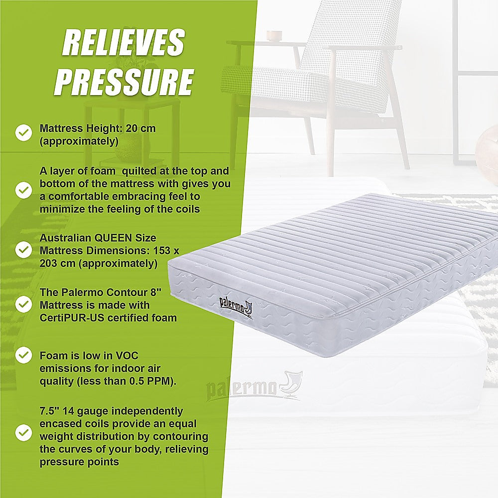 Palermo Contour 20cm Encased Coil Queen Mattress CertiPUR-US Certified Foam