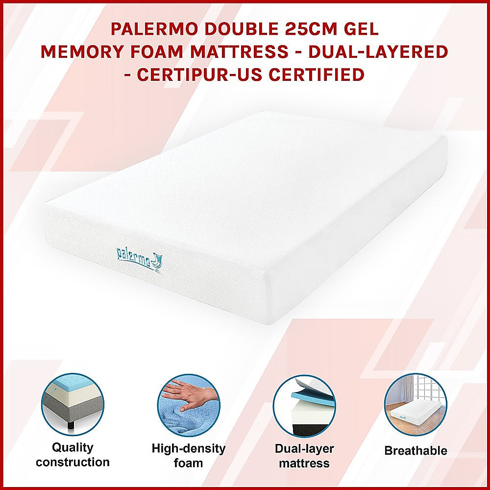 Palermo Double 25cm Gel Memory Foam Mattress - Dual-Layered - CertiPUR-US Certified