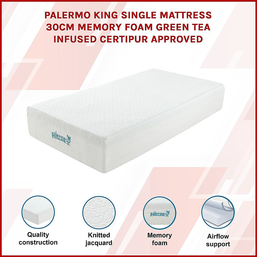 Palermo King Single Mattress 30cm Memory Foam Green Tea Infused CertiPUR Approved