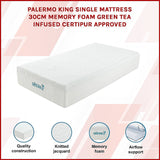 Palermo King Single Mattress 30cm Memory Foam Green Tea Infused CertiPUR Approved