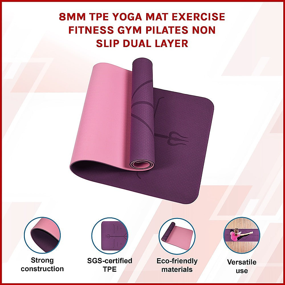 8mm TPE Yoga Mat Exercise Fitness Gym Pilates Non Slip Dual Layer