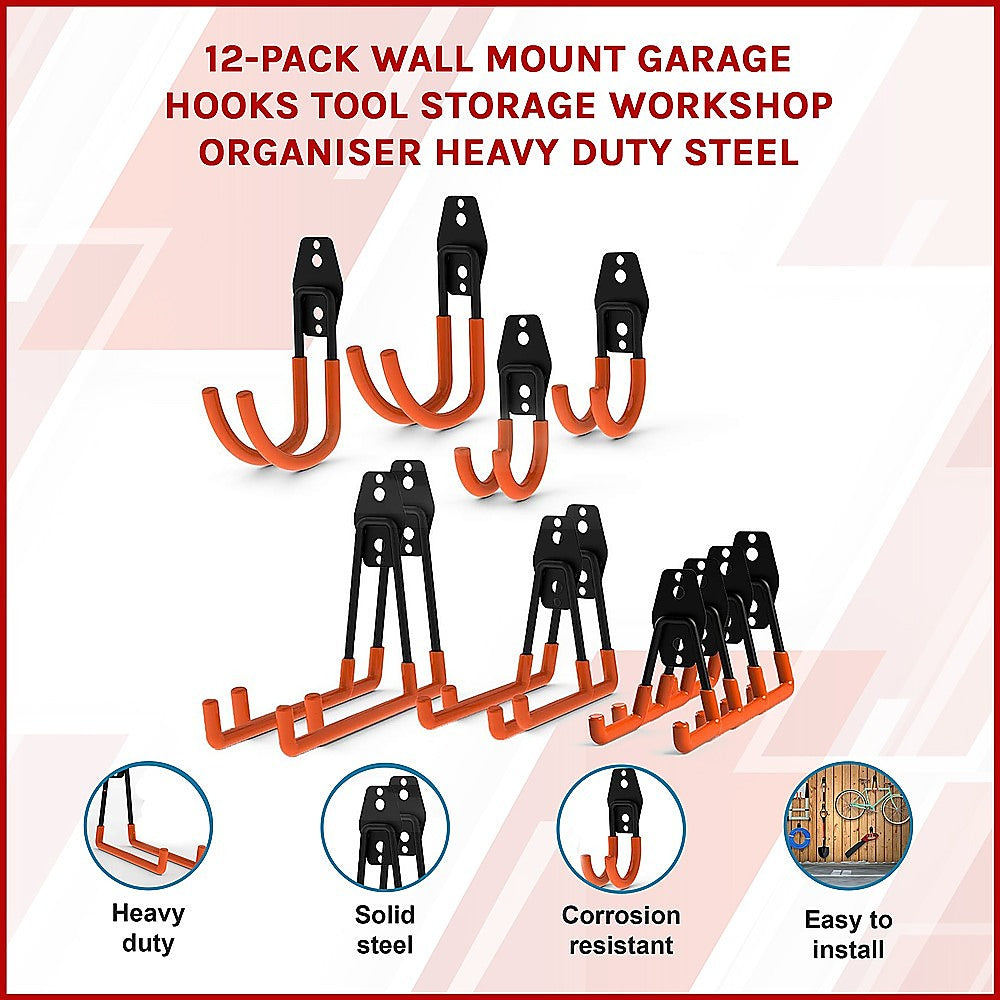 12-Pack Wall Mount Garage Hooks Tool Storage Workshop Organiser Heavy Duty Steel