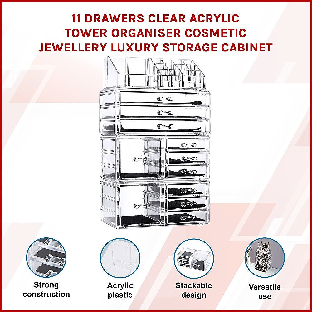 11 Drawers Clear Acrylic Tower Organiser Cosmetic jewellery Luxury Storage Cabinet