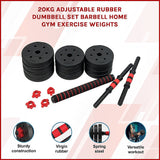 20kg Adjustable Rubber Dumbbell Set Barbell Home GYM Exercise Weights