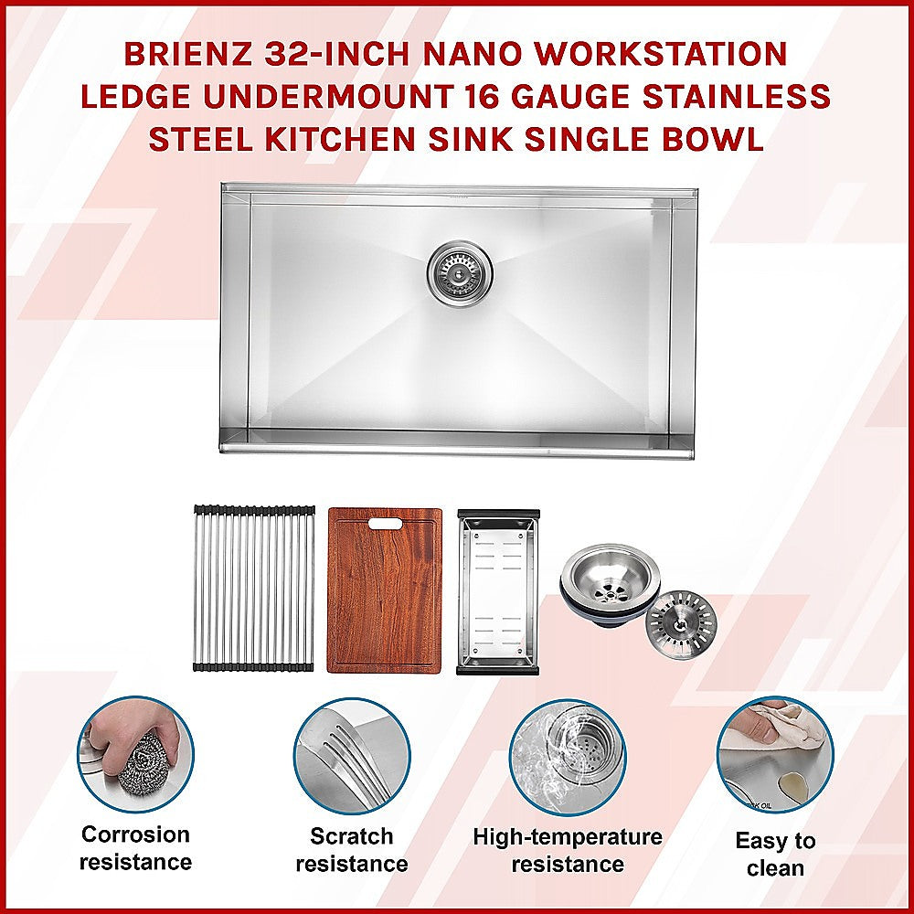 BRIENZ 32-inch Nano Workstation Ledge Undermount 16 Gauge Stainless Steel Kitchen Sink Single Bowl