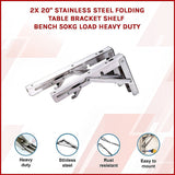 2x 20" Stainless Steel Folding Table Bracket Shelf Bench 50kg Load Heavy Duty