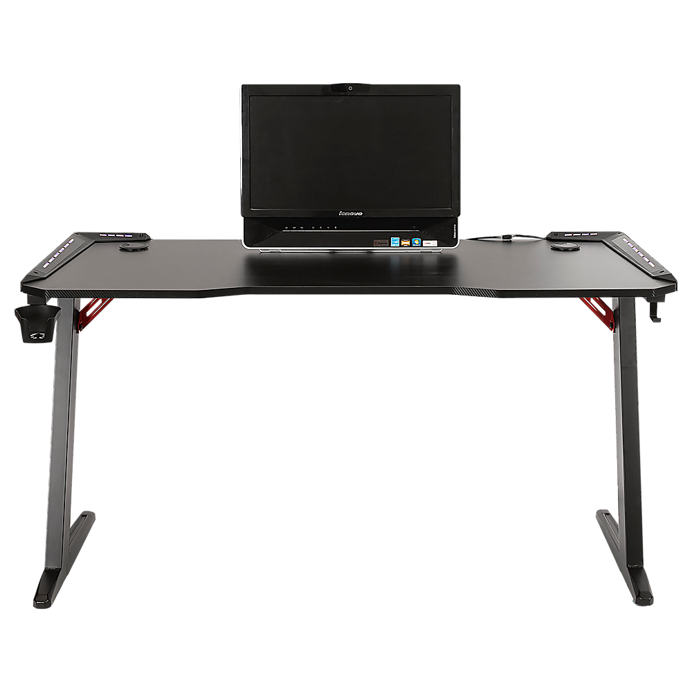 LED Gaming Desk Computer Table with Cup Holder Headphone Hook Cable Hole