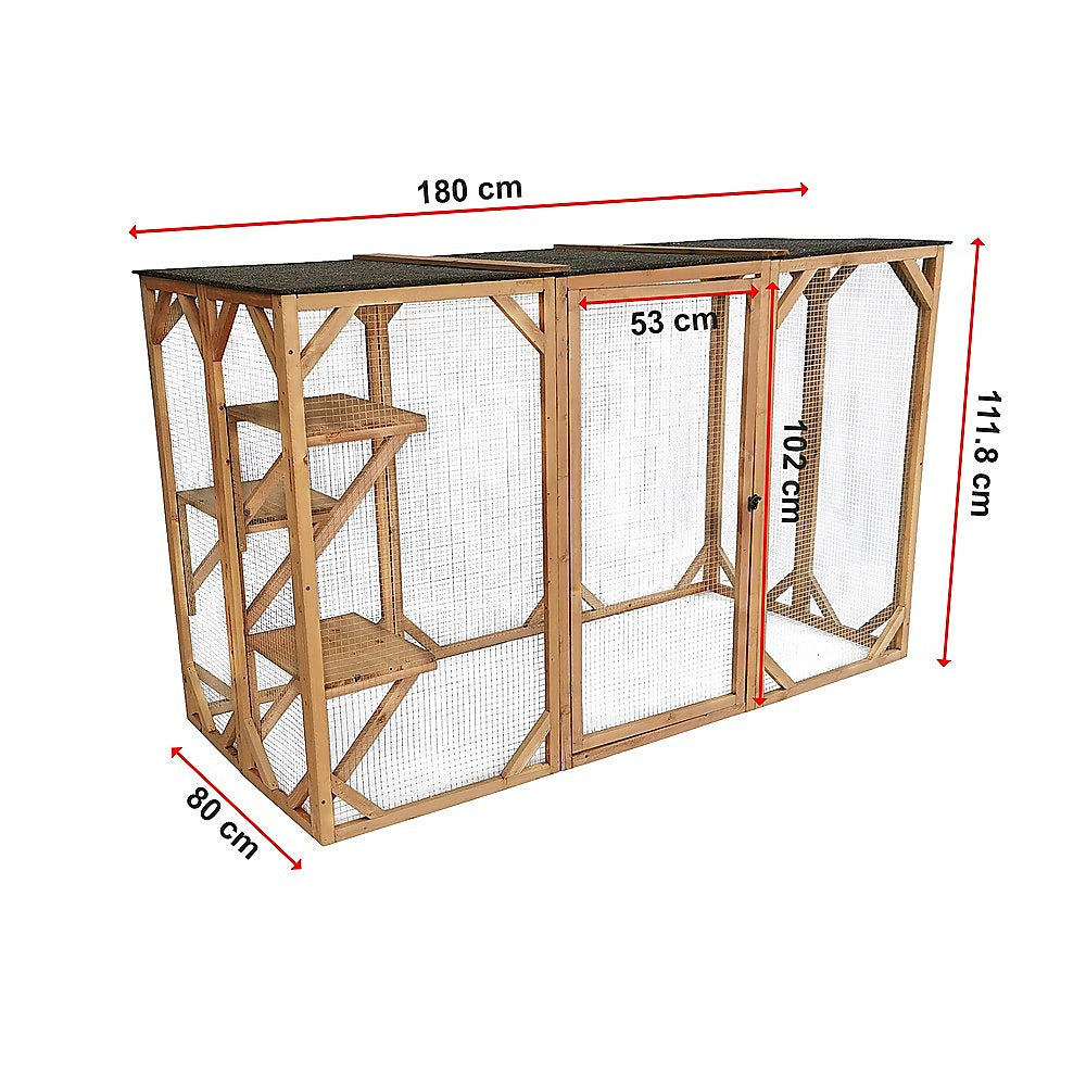 180cm Large Cat Enclosure Wooden Outdoor Cage with 3 Platforms