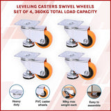 Leveling Casters Swivel Wheels Set of 4, 360 kg Total Load Capacity