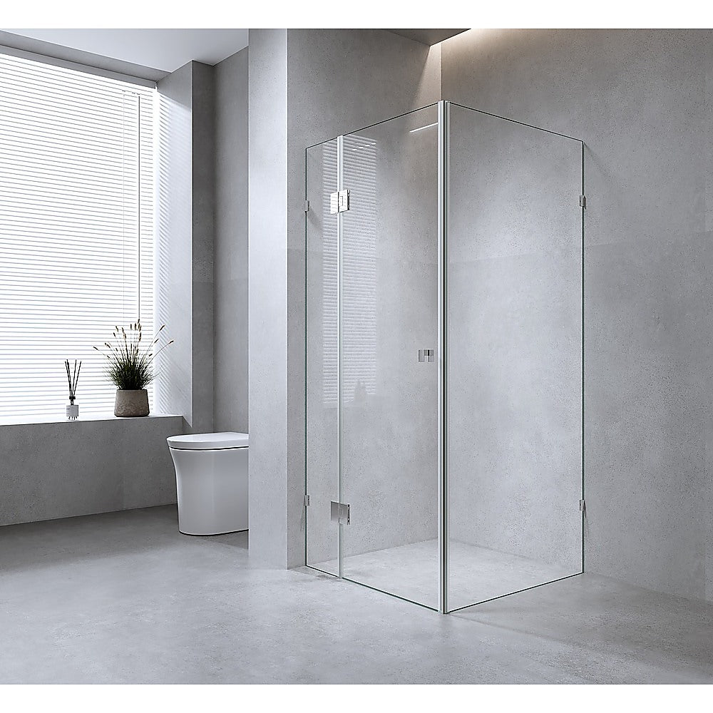 110x100cm Corner Frameless Shower Screen with White Brackets and SS Hinges, Square Knob Handle