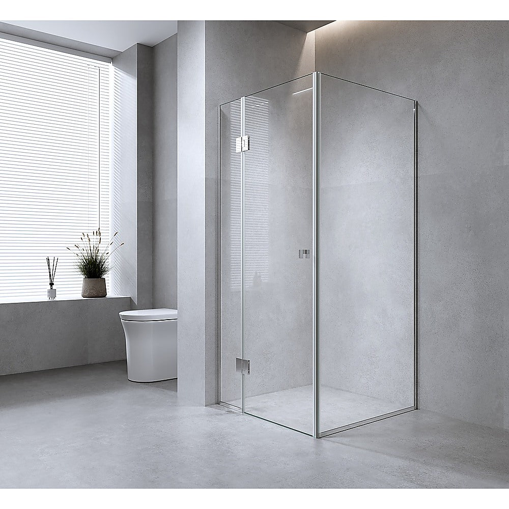 110x100cm Corner Frameless Shower Screen with Chrome Channel and SS Hinges, Square Knob Handle