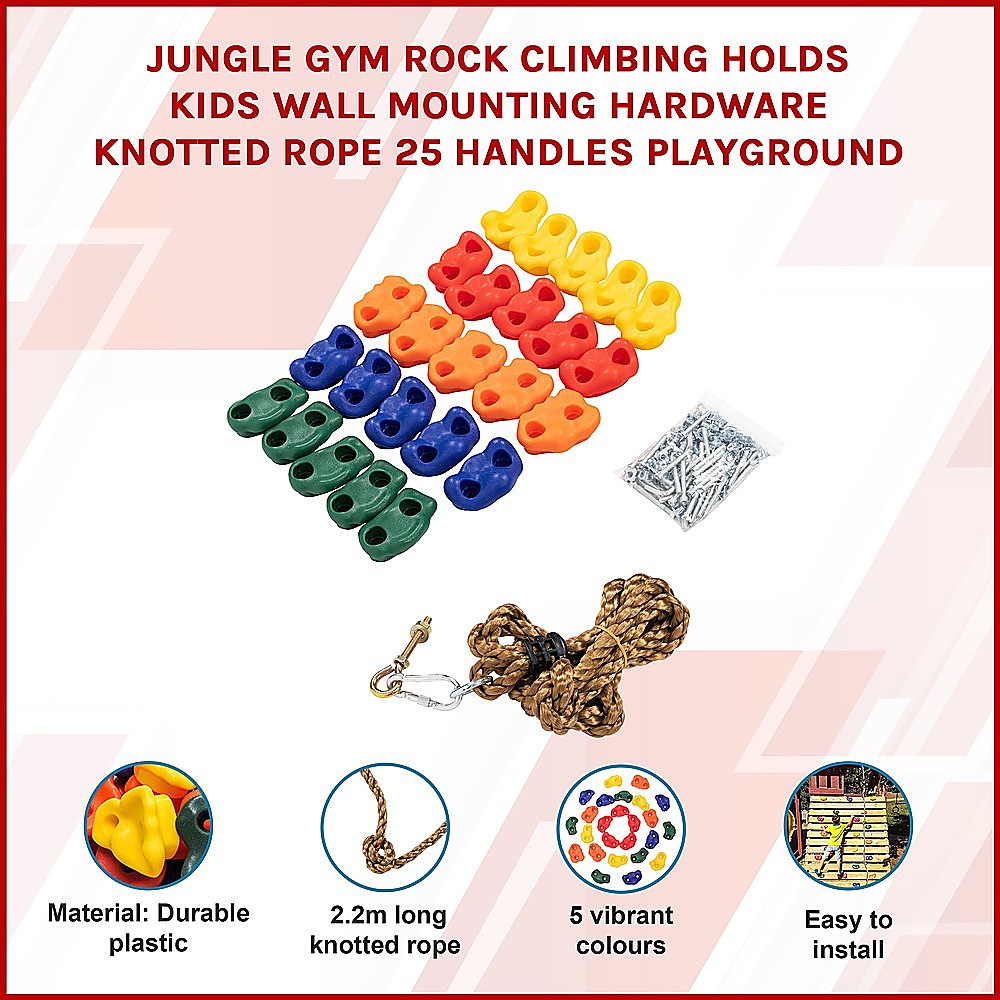 Jungle Gym Rock Climbing Holds Kids Wall Mounting Hardware Knotted Rope 25 Handles Playground