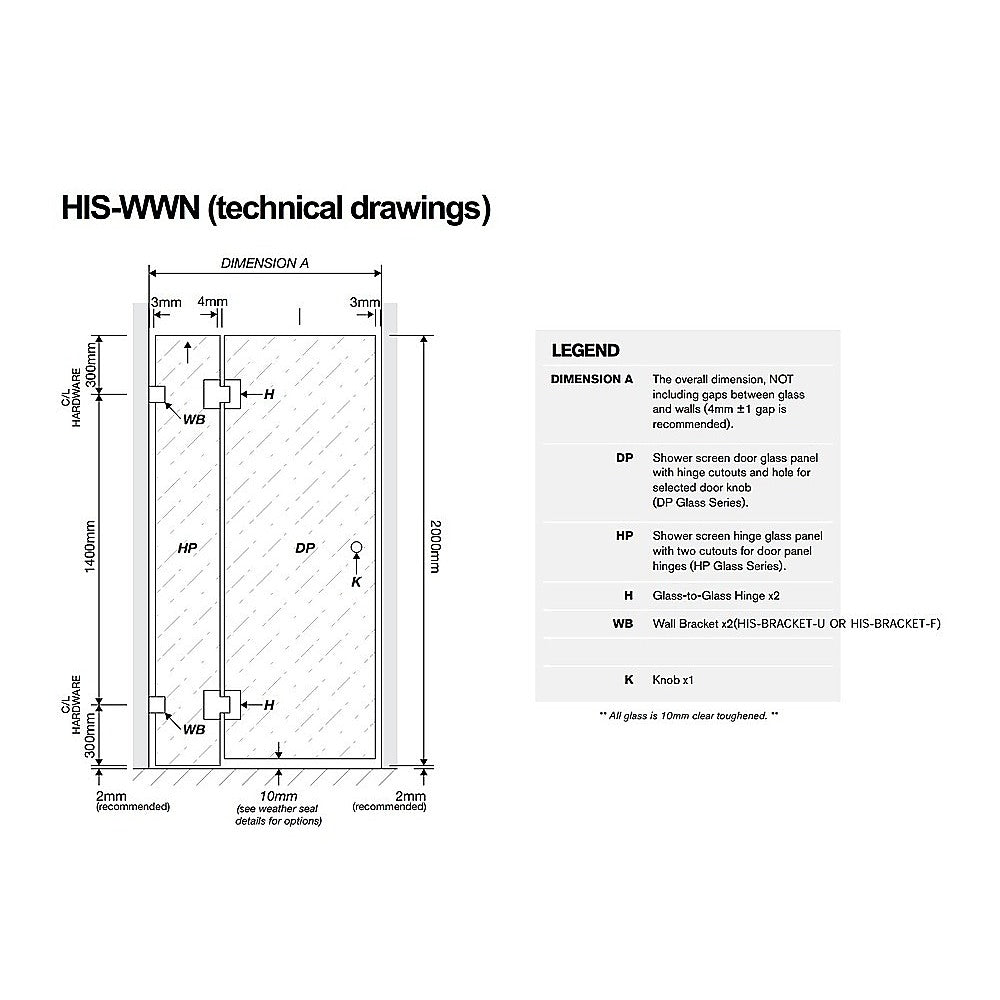 100cm Wall to Wall Frameless Shower Screen with White Channel and SS Hinges , Round Handle