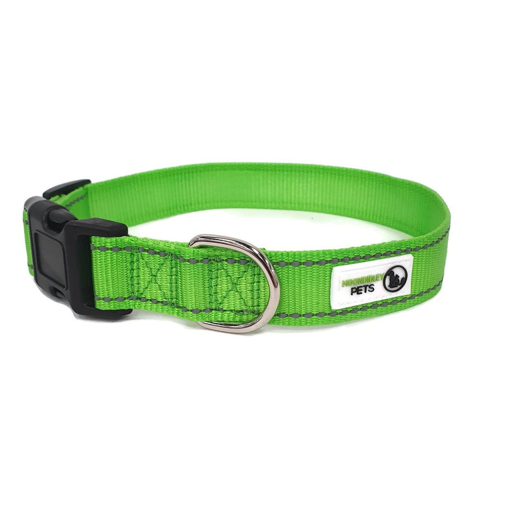 Nylon w/Reflective Stitching Dog Collar Large Green - Moondidley Pets