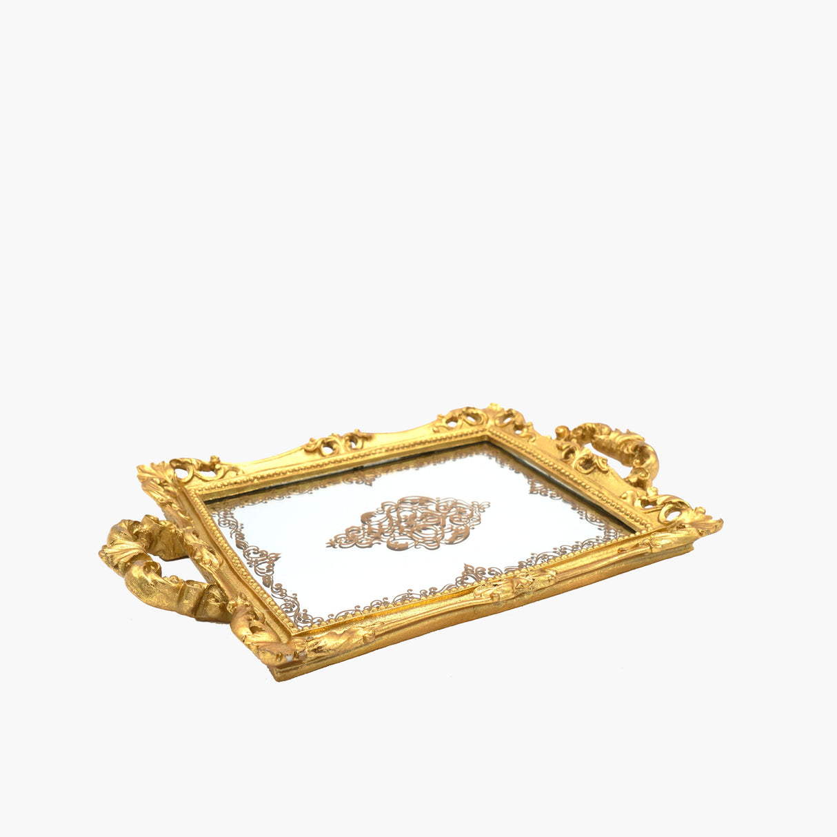 Aged Gold Rectangular Serving Tray with Antique Handles