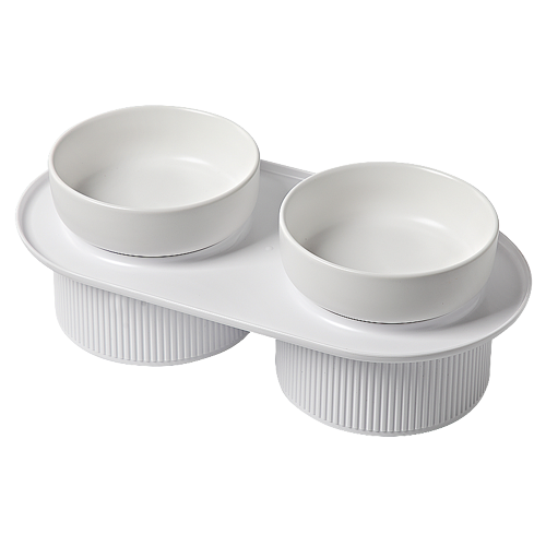 24x Ribbed Ceramic Double Pet Bowl 3pc Set - White