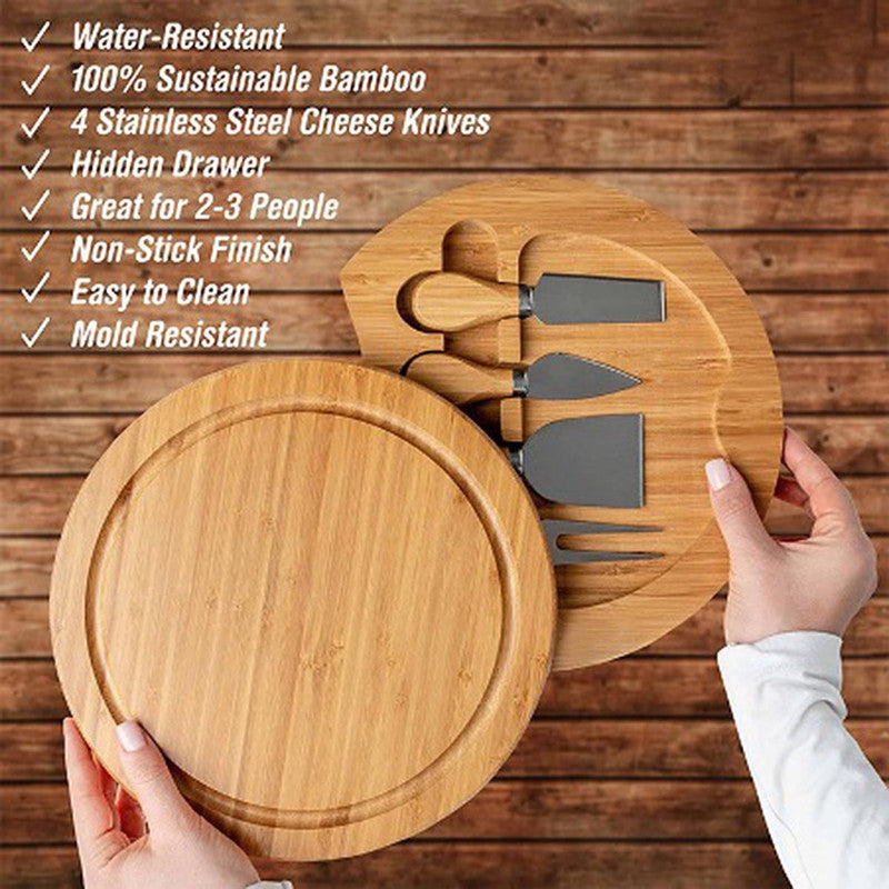 Minnie 5-Piece Round Bamboo Charcuterie Board Set with Hidden Knife Storage - 22cm, Free Shipping