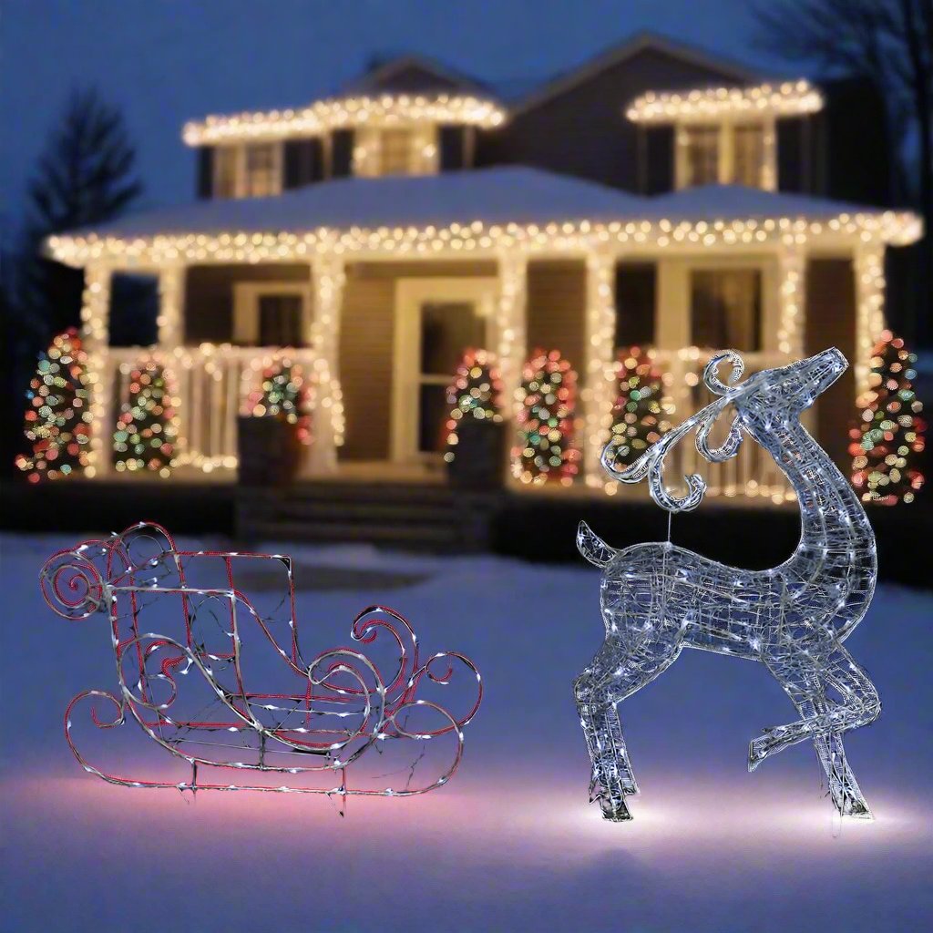 Illuminated Solar LED Acrylic Reindeer Sleigh for Festive Outdoor Decor