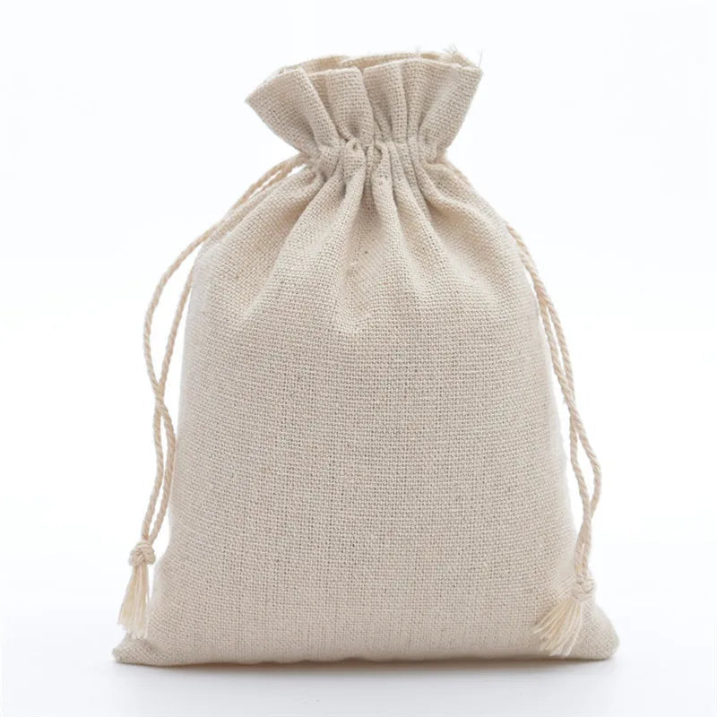 Elegant Cotton Linen Drawstring Pouches - Set of 10