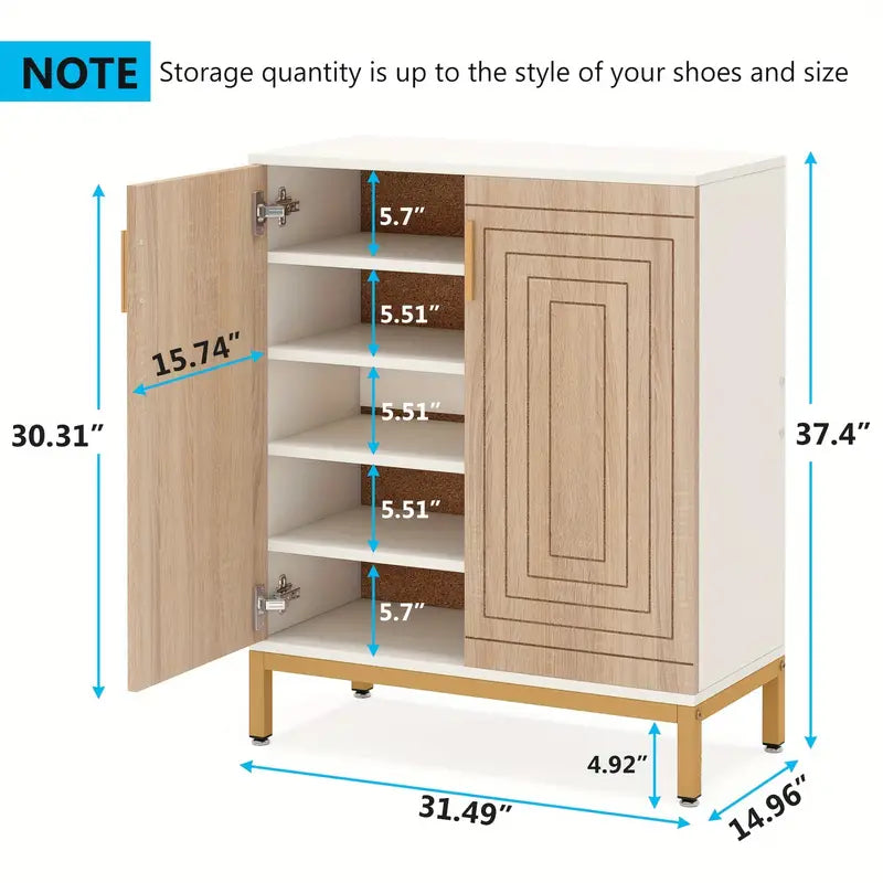 Contemporary 5-Tier Shoe Storage Cabinet with Geometric Doors in White/Natural Finish