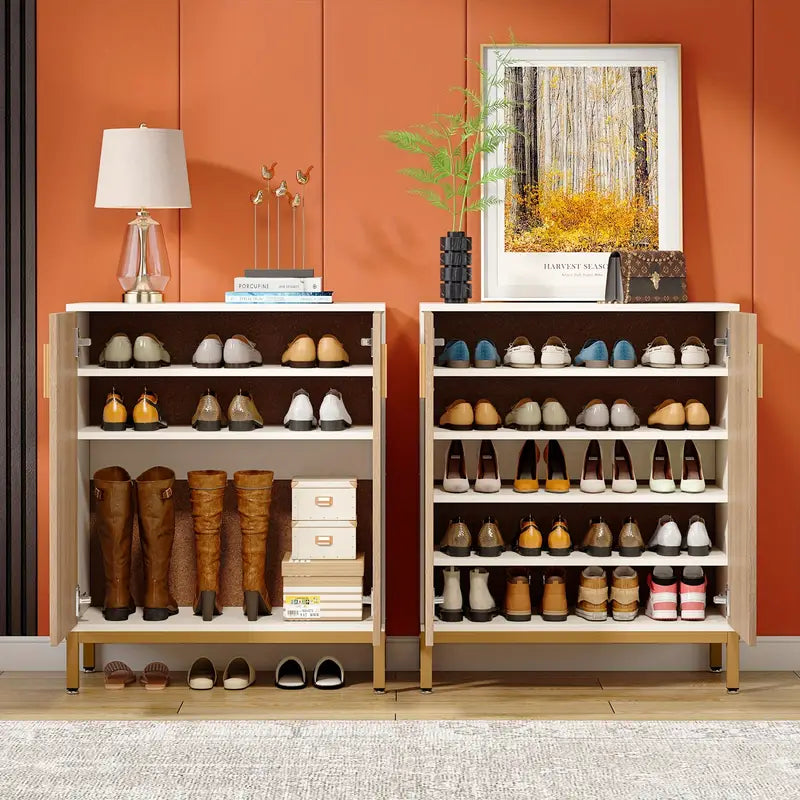 Contemporary 5-Tier Shoe Storage Cabinet with Geometric Doors in White/Natural Finish