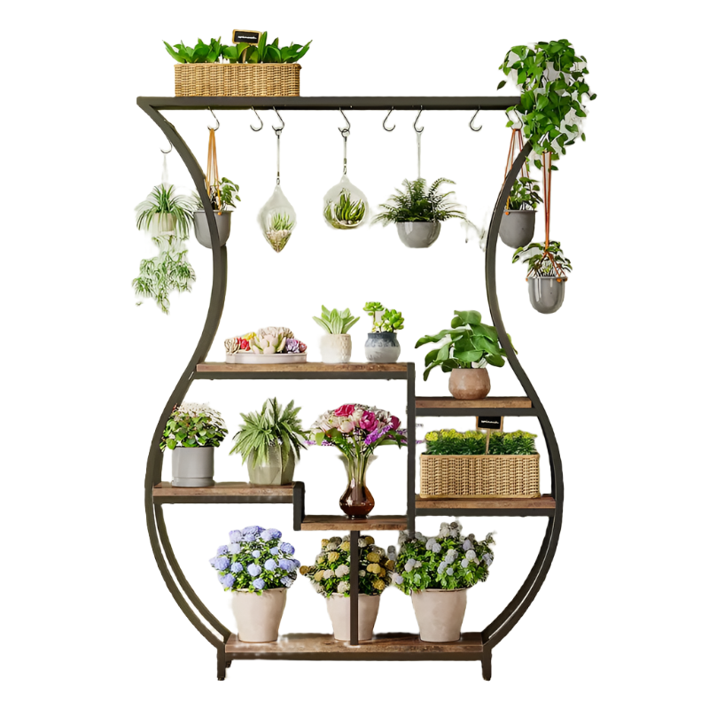 Rustic Brown 6-Tier Vase-Shaped Indoor Plant Stand with Hooks