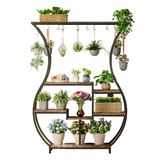 Rustic Brown 6-Tier Vase-Shaped Indoor Plant Stand with Hooks