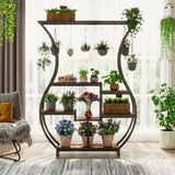 Rustic Brown 6-Tier Vase-Shaped Indoor Plant Stand with Hooks