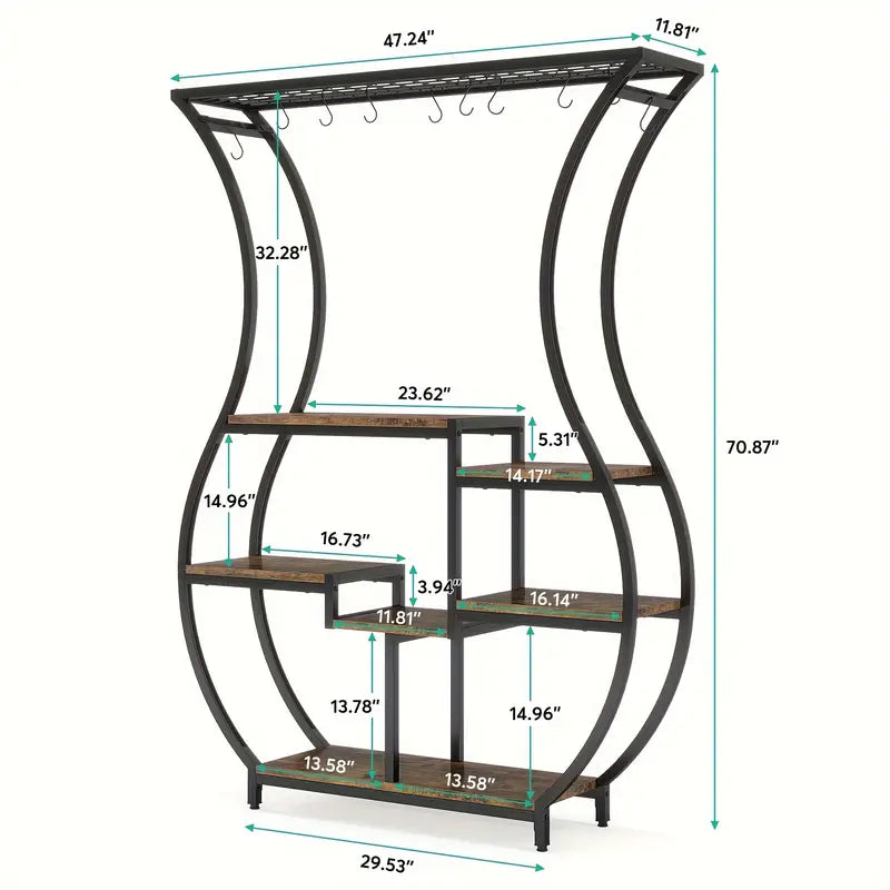 Rustic Brown 6-Tier Vase-Shaped Indoor Plant Stand with Hooks