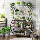 Rustic Brown 6-Tier Vase-Shaped Indoor Plant Stand with Hooks