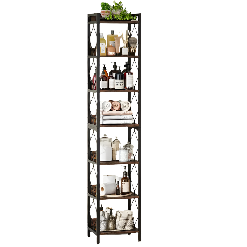 Extra Tall 7-Tier Rustic Brown Narrow Bookshelf for Small Spaces