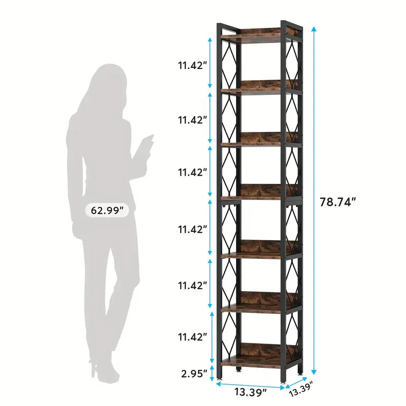 Extra Tall 7-Tier Rustic Brown Narrow Bookshelf for Small Spaces