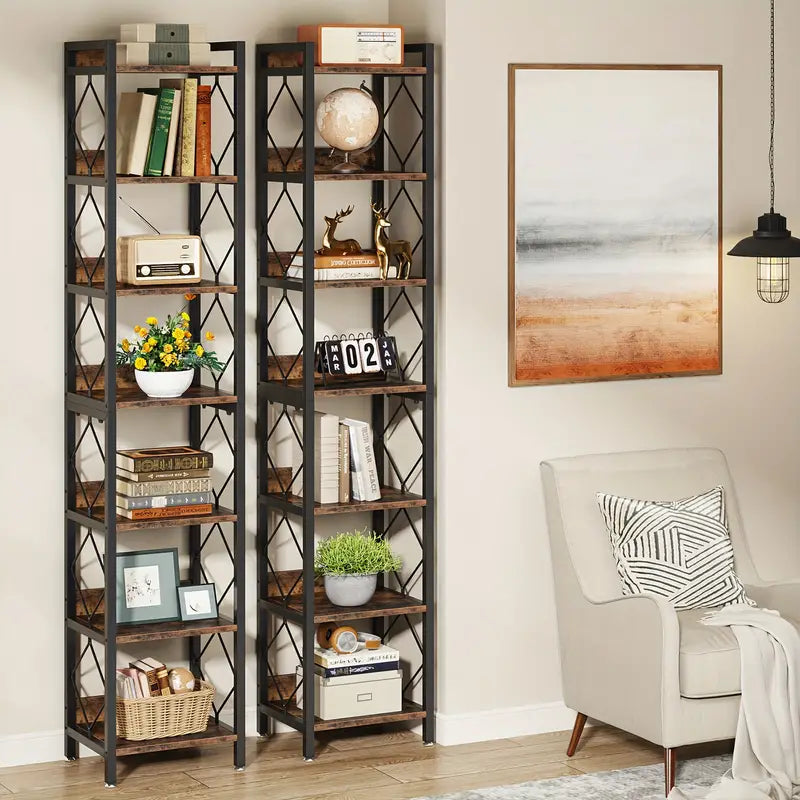 Extra Tall 7-Tier Rustic Brown Narrow Bookshelf for Small Spaces