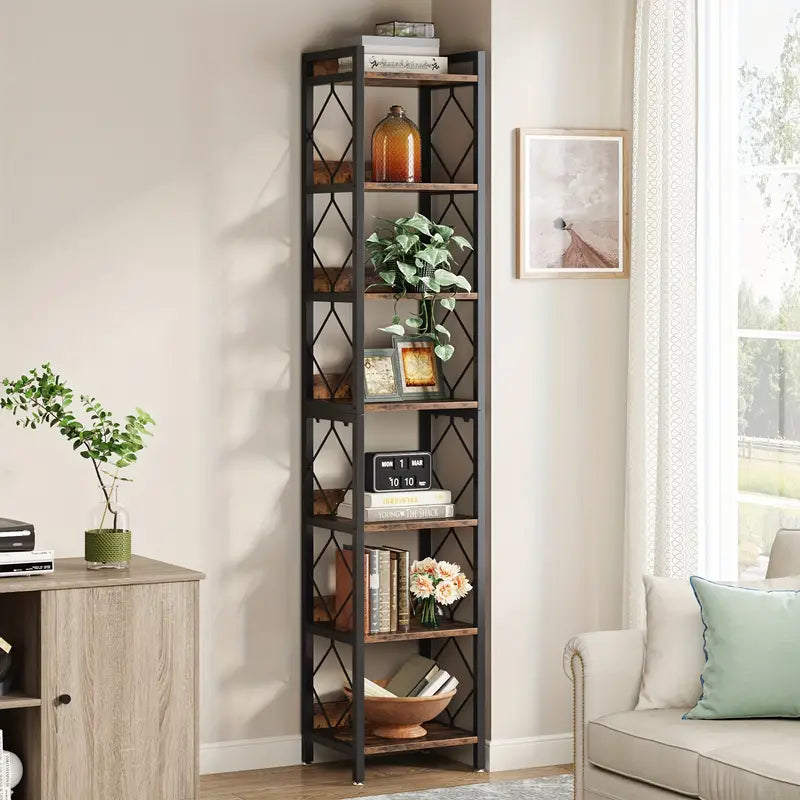 Extra Tall 7-Tier Rustic Brown Narrow Bookshelf for Small Spaces