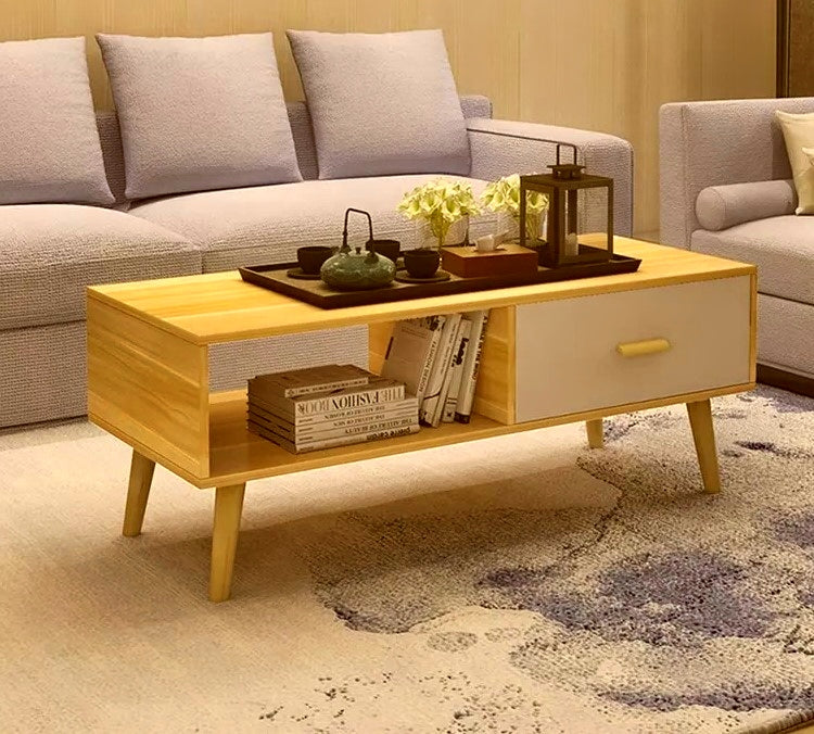 Farmhouse-Style Coffee Table with Versatile Storage Drawer and Open Shelf