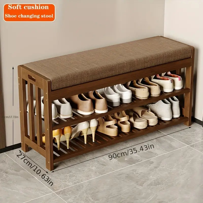 Bamboo 2-Tier Shoe Rack Bench with Cushioned Seat and Dustproof Storage