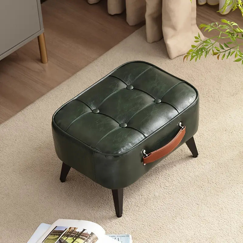 Plush Vintage Green Black Faux Leather Short Stool