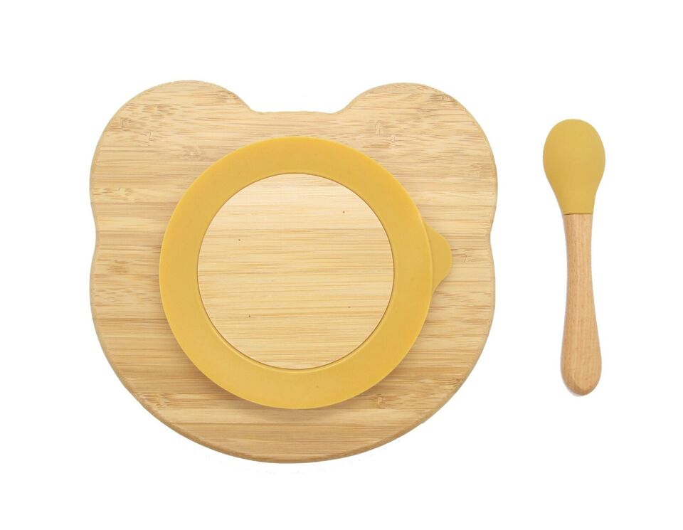 Bamboo Kid Child Baby Plate Bowl & Silicon Suction Cap Base & Spoon - Teddy Bear