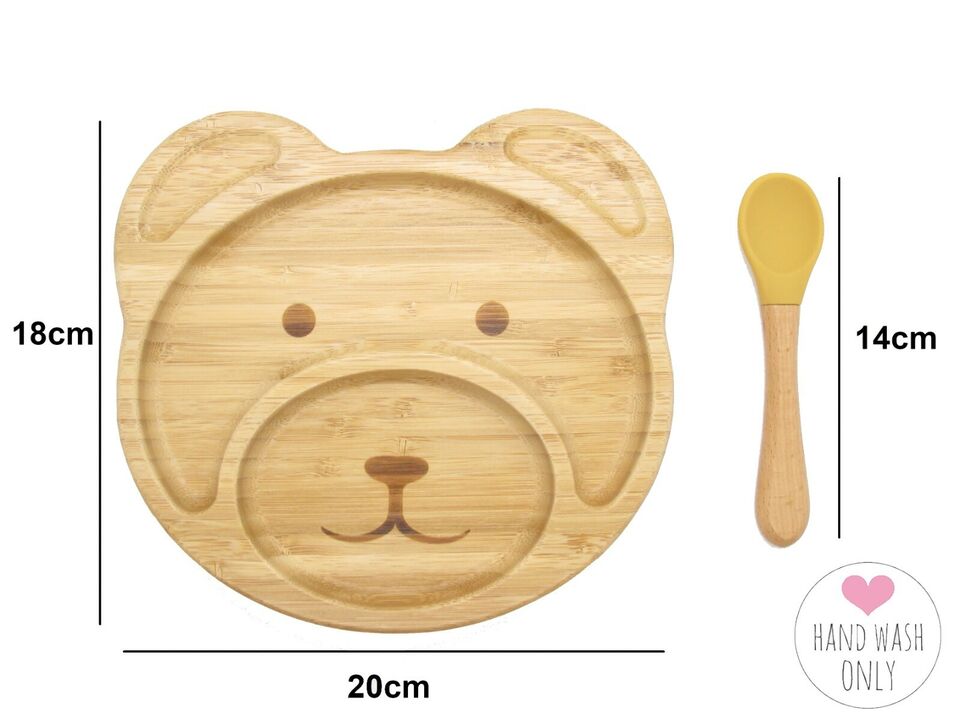 Bamboo Kid Child Baby Plate Bowl & Silicon Suction Cap Base & Spoon - Teddy Bear