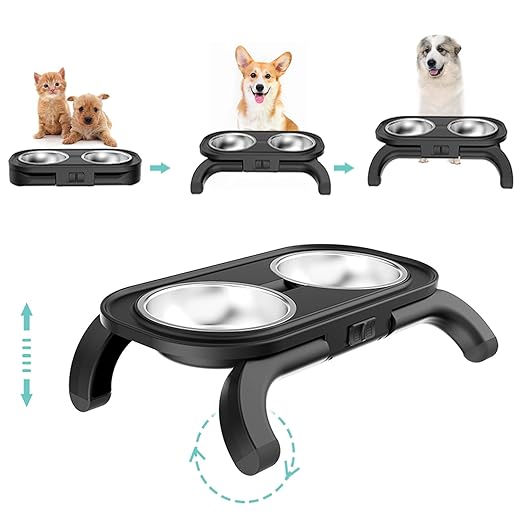 Adjustable Elevated Pet Feeder with Dual Stainless Steel Bowls -Foldable, Anti-Slip Design for Dogs and Cats