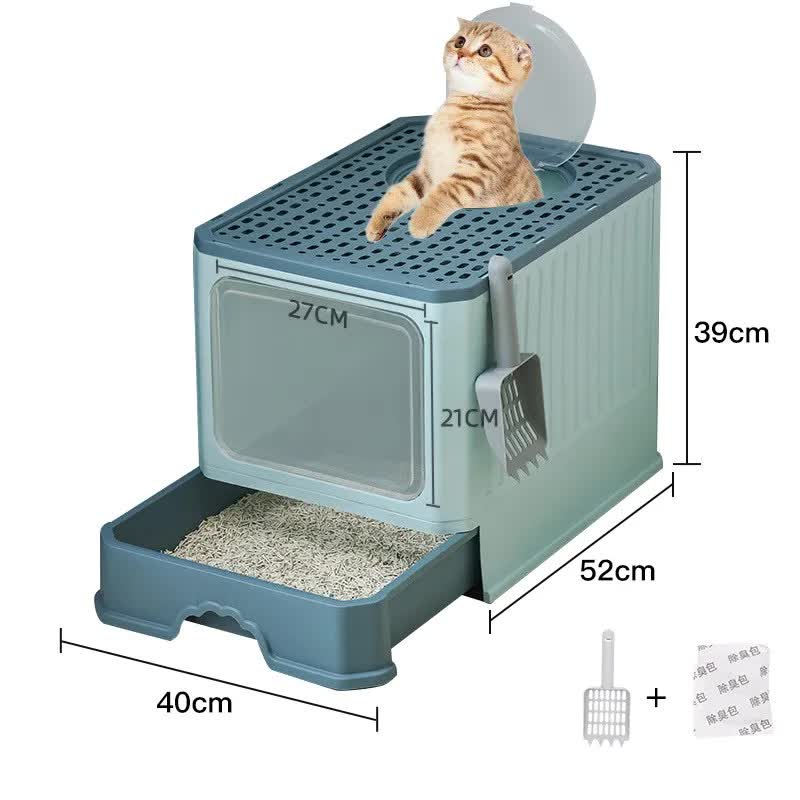 Top-Entry Cat Litter Box with Drawer-Enclosed Design, Easy Clean, Odor Control, Anti-Tracking Lid  Green