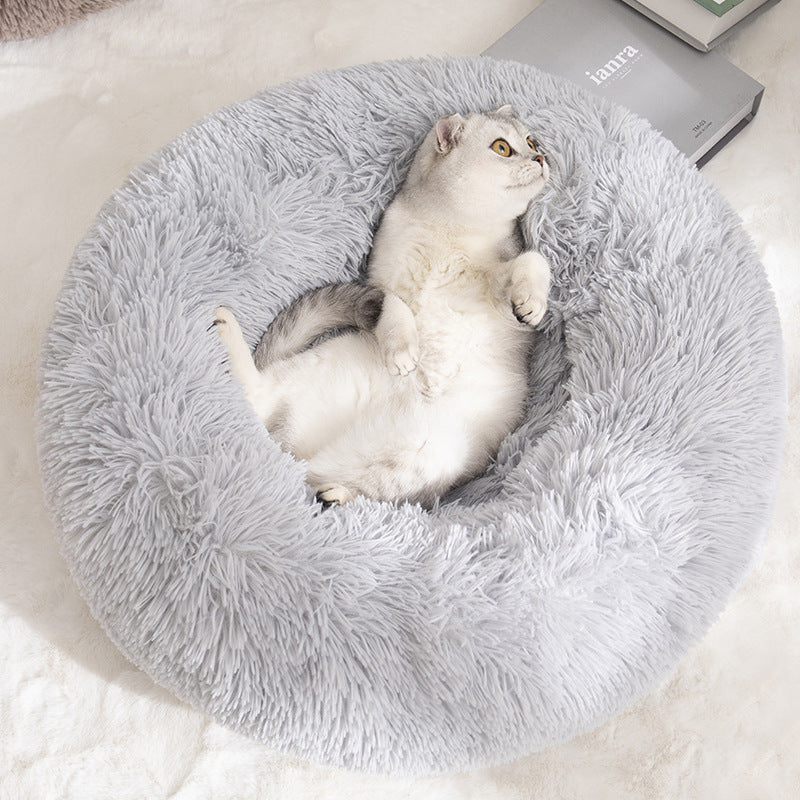 Calming Donut Pet Bed -Soft Faux Fur, Anti-Anxiety Fluffy Round Bed for Cats and Small Dogs (Pink)40cm